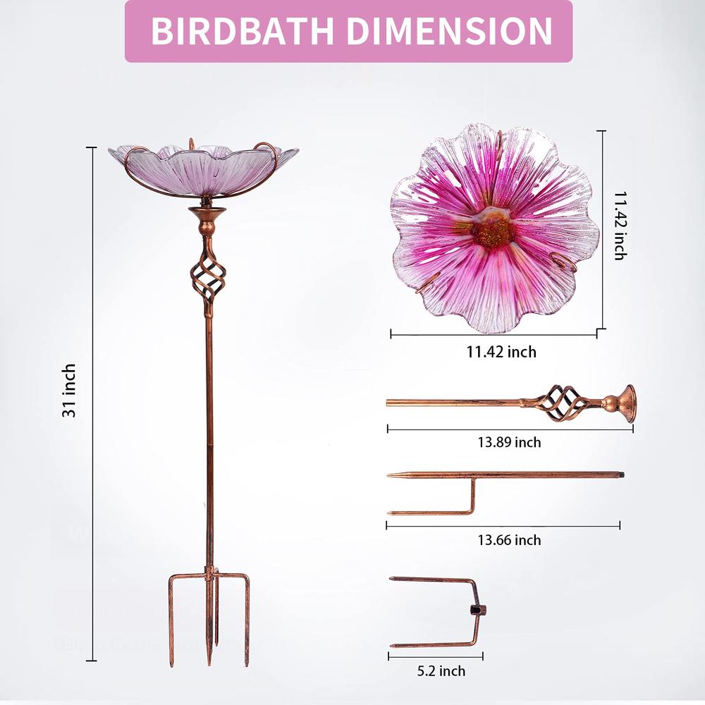 MUMTOP 31 Inch Height Glass Birdbath Birdfeeder with Metal Stake Garden Yard Outdoor Pink