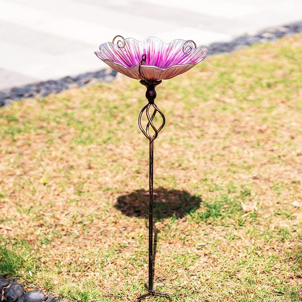 MUMTOP 31 Inch Height Glass Birdbath Birdfeeder with Metal Stake Garden Yard Outdoor Pink