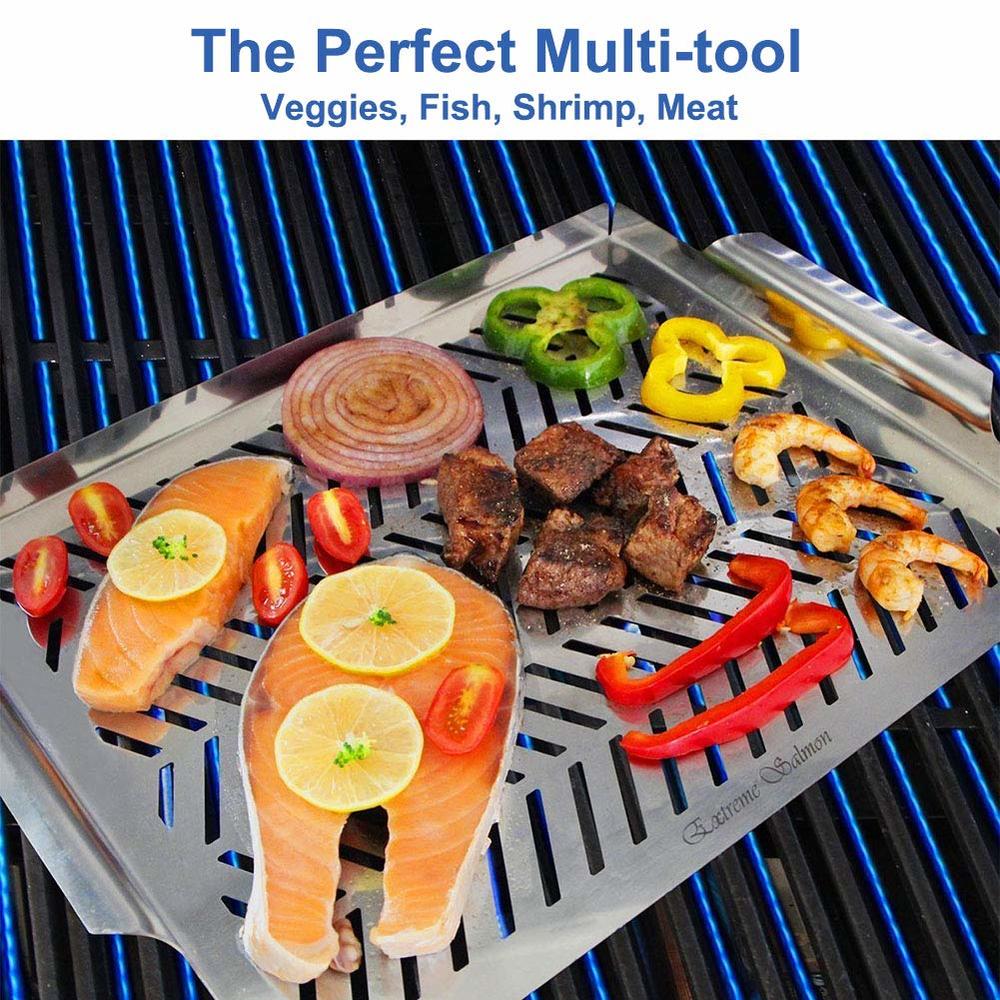 Extreme Salmon BBQ Grill Pan for Vegetables, Grill Topper Stainless Steel BBQ Grill Wok with Handles Professional Grill Cookware