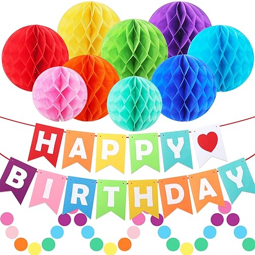 ZJHAI Birthday Decorations, Rainbow Birthday Party Poms Decorations for Women and Girls, Include Happy Birthday Banner, Colorful Paper