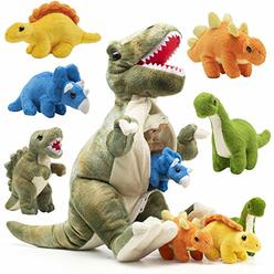 PREXTEX 15" T-rex Dinosaur Stuffed Animal Set w/ 4 Stuffed Dinosaur Plushies Toys Inside,Large Zippered Pouch Dinosaur for Boys&