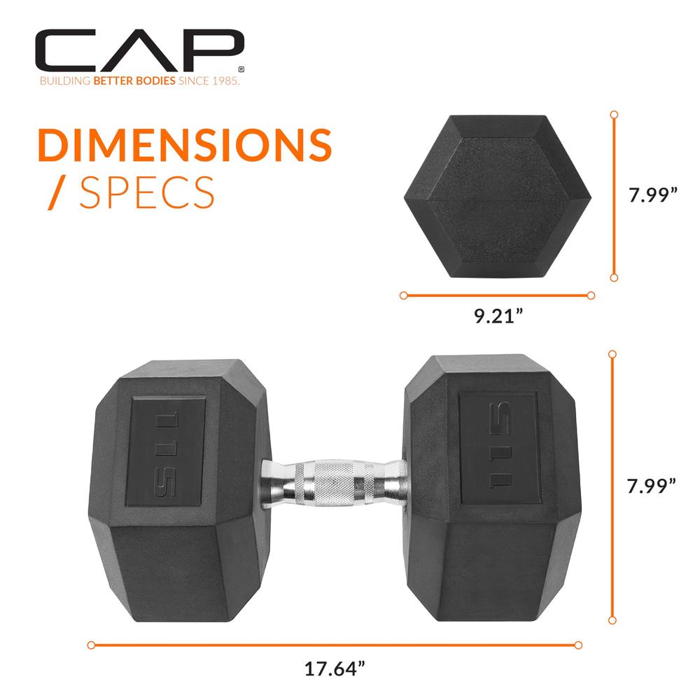 Cap Barbell Cap 115 LB Coated Hex Dumbbell Weight, New Edition, Black, (SDRIS-115)