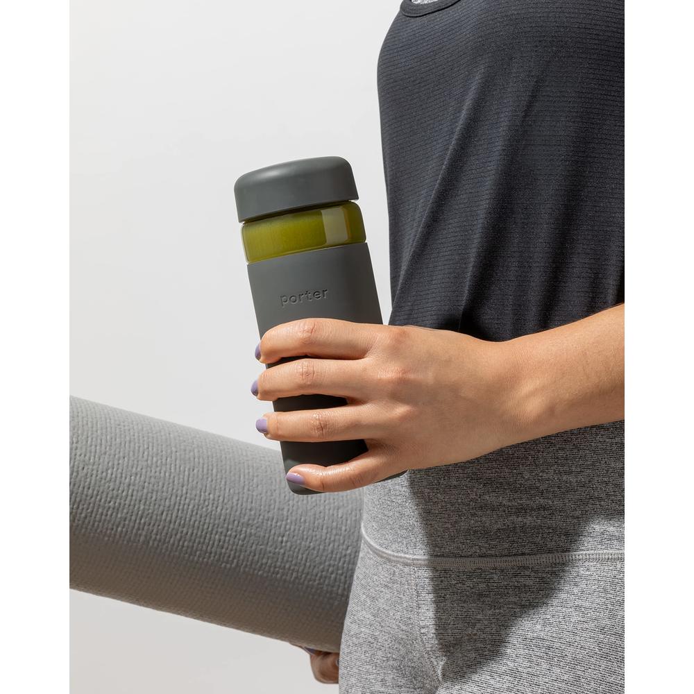 W&P Porter Glass Wide Mouth Bottle w/ Protective Silicone Sleeve | Charcoal 16 Ounces | On-the-Go | Reusable Bottle | Portable a