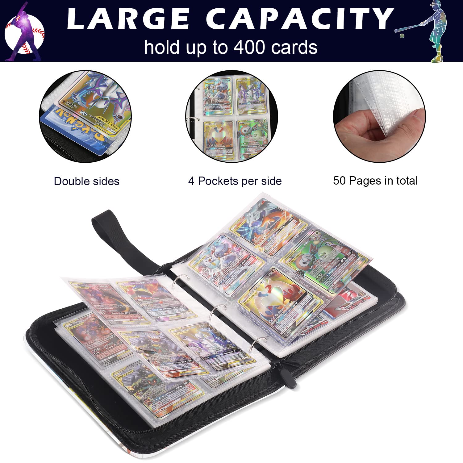 cEcOKESO Card Binder 4 Pocket, Fits 400 Cards with 50 Removable Sleevesves,Trading Card Binder with Sleeves, Baseball Card Binder, Sports