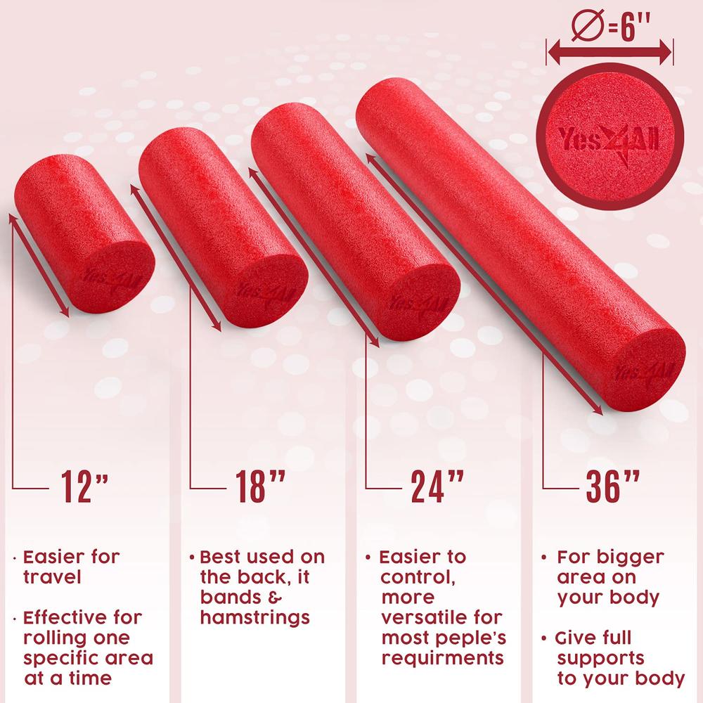 Yes4All Soft-Density Half/Round PE Foam Roller 12/18/ 24/36 inch for Tissue and Muscle Massage, Back, Legs,Red