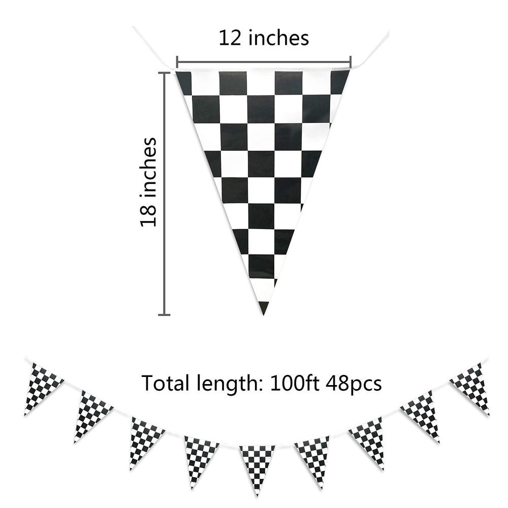 Piokio 100ft Black and White Checkered Flag Banner Racing Birthday Decorations, for Nascar Race Party Supplies