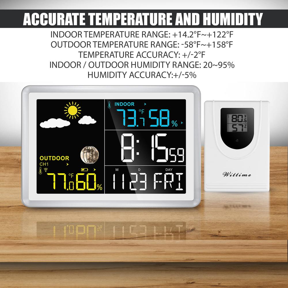 Wittime 2081 Weather Station Indoor Outdoor Thermometer Wireless Temperature Humidity Monitor with HD Color Display and Outdoor 