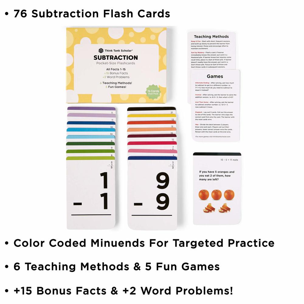 Think Tank Scholar Subtraction Flash Cards - 150 Facts 1-12 - (Award Winning) Math Flashcards for Kids Ages 4-8 in Kindergarten,