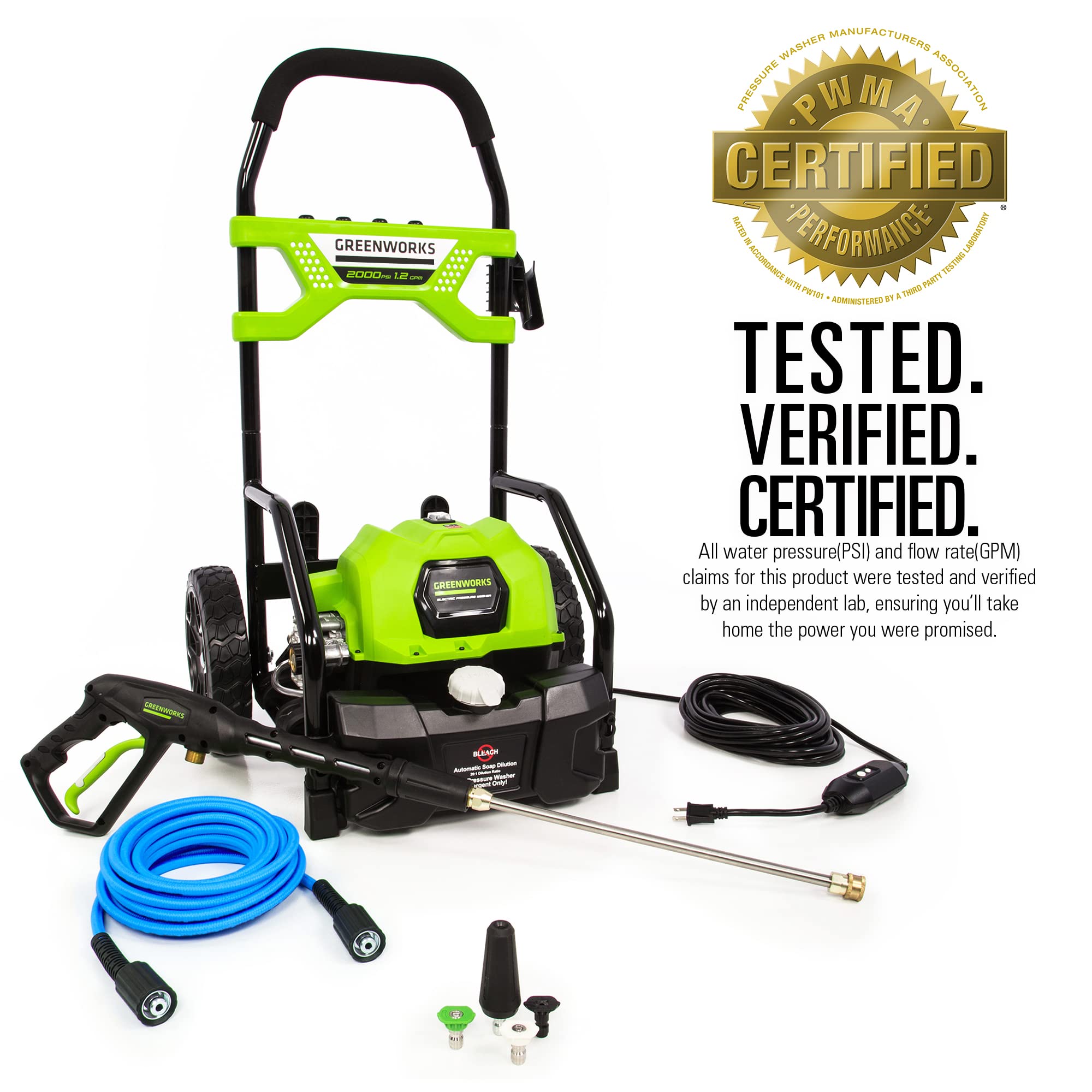 Greenworks 2000 PSI (1.2 GPM) Pressure Washer with 12” Surface Cleaner and Premium Foam Cannon