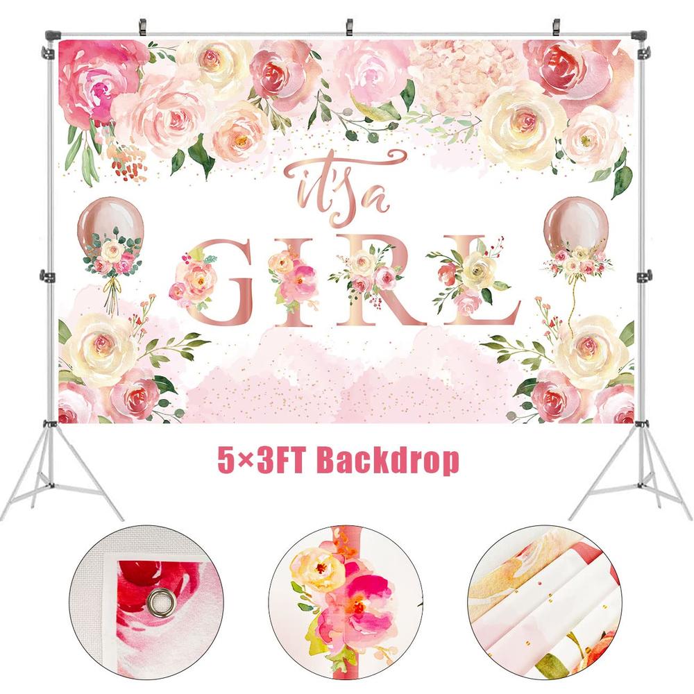 ssailue decor Baby Shower Decorations for Girl,Floral Theme Girl Baby Shower Balloons,It Is A Girl Backdrop Sign for Pink Baby Shower Party Su