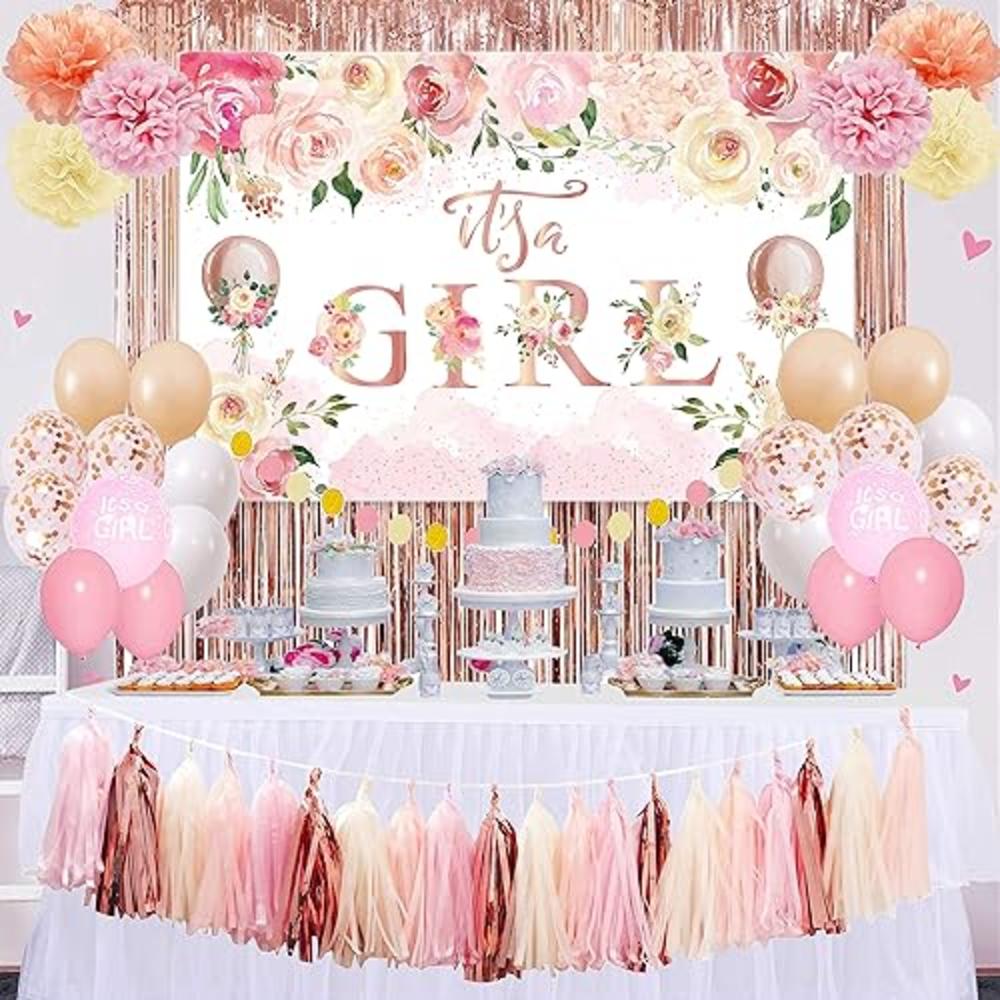 ssailue decor Baby Shower Decorations for Girl,Floral Theme Girl Baby Shower Balloons,It Is A Girl Backdrop Sign for Pink Baby Shower Party Su