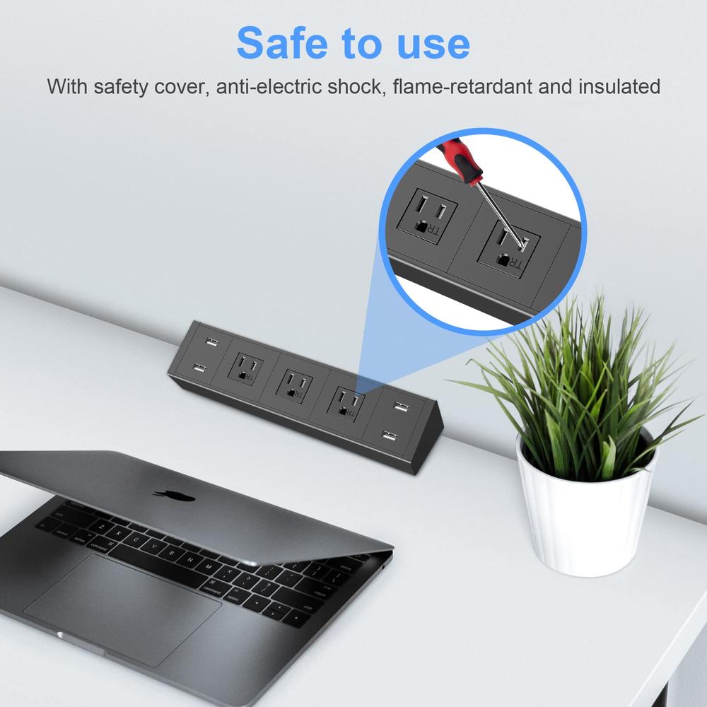 ANNQUAN Metal Desk Clamp Power Strip with 4 USB Ports,Desk Edge Power Strip Surge Protector 800J with 3 Widely Spaced Tamper Resistant A