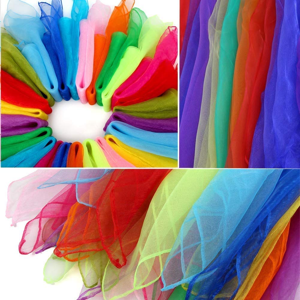 ColoVis Square Dance Scarves, 24 Pcs Juggling Scarf Props Magic Trick Silk Scarves Music Movement Scarf 12 Colors 24 by 24 Inches