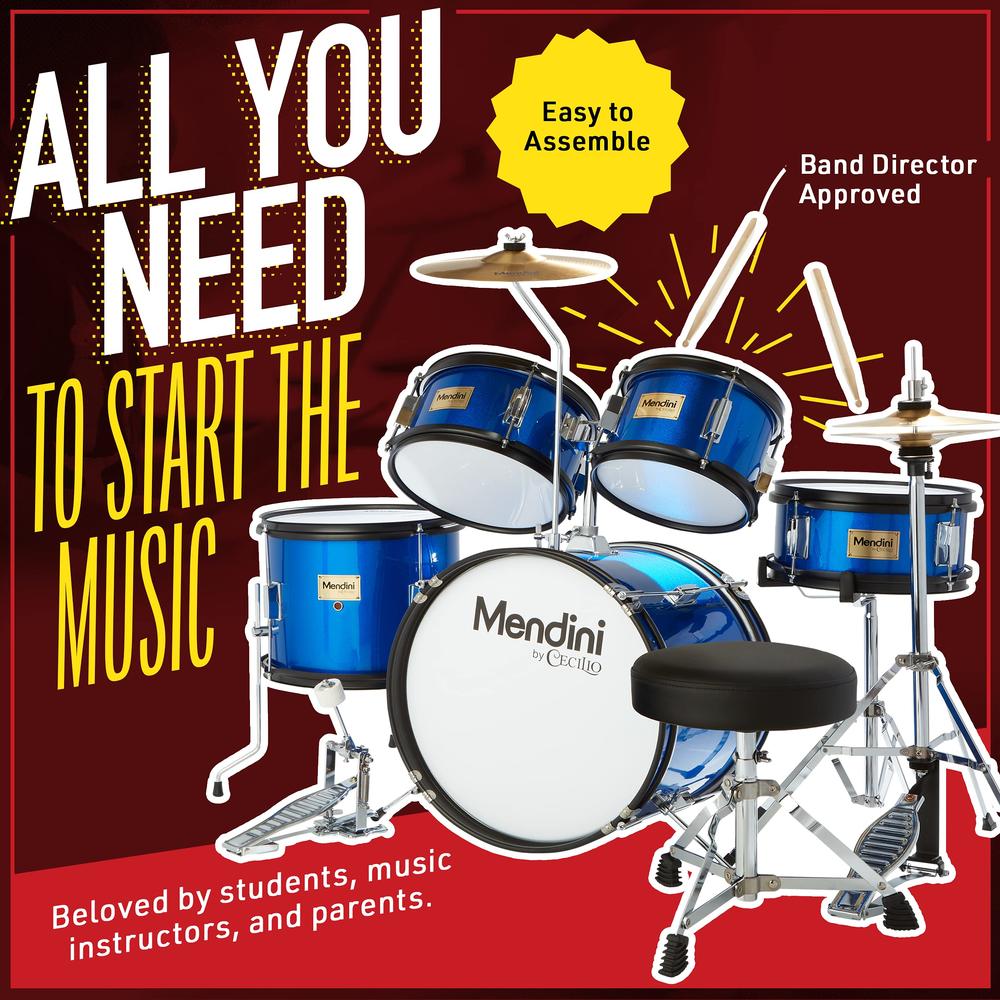 Mendini by Cecilio Kids Drum Set 5 Piece - Full 16in Youth Drumset with Bass, Toms, Snare Drum, Cymbal, Hi-Hat, Drumsticks & Sea
