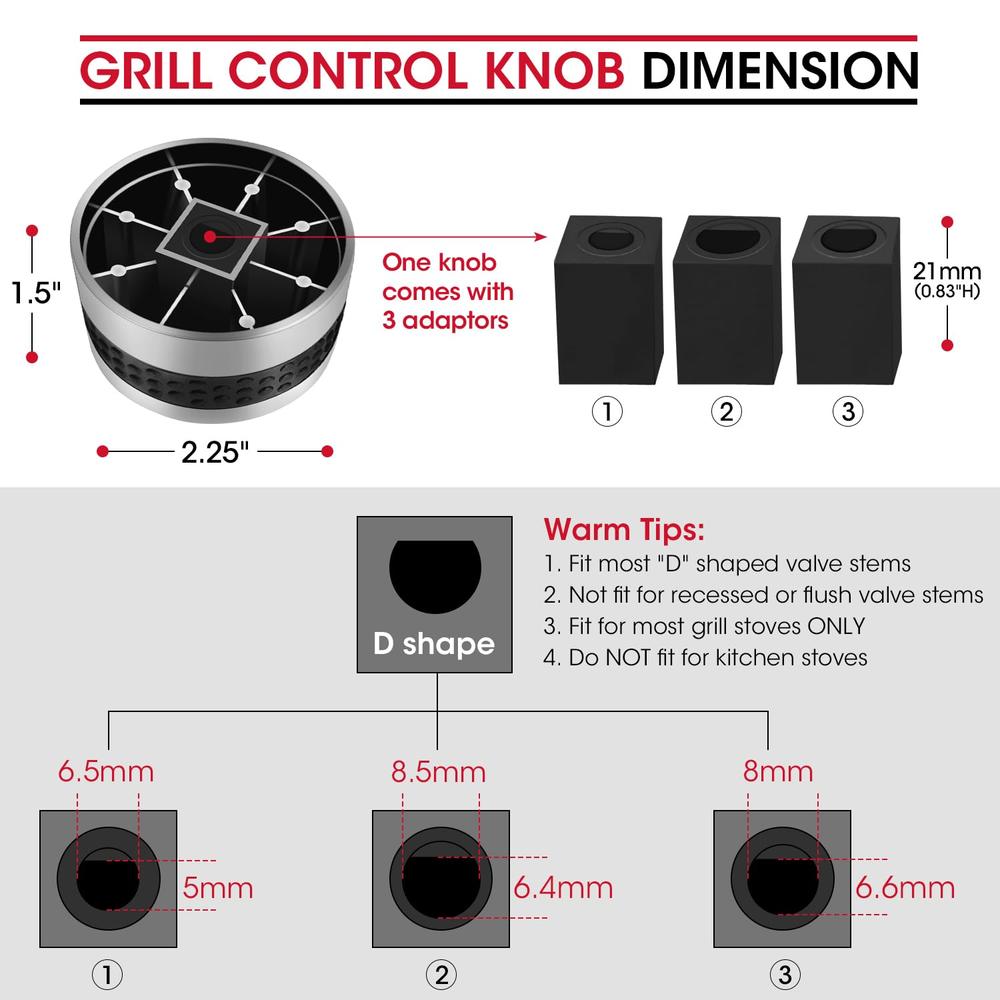 Unicook 5-Pack Grill Control Knobs With Adapters - Chrome Plated D-Shaped Replacement For Gas BBQs
