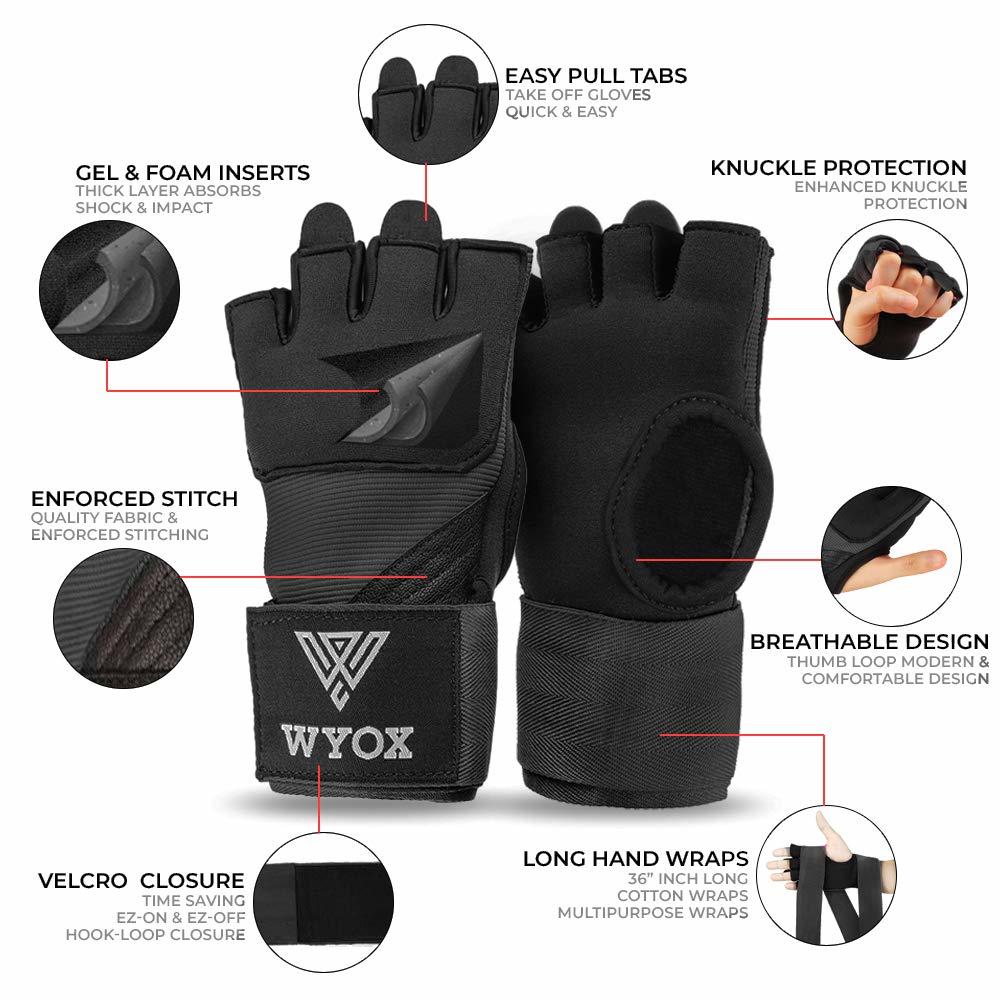 WYOX Gel Quick Hand Wraps for Boxing MMA Kickboxing - EZ-Off & On - Padded Knuckle with Wrist Wrap Protection for Men Women Yout