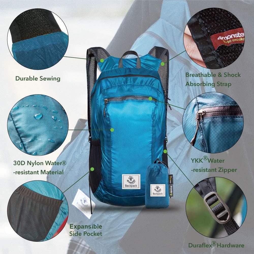 4Monster Hiking Daypack,Water Resistant Lightweight Packable Backpack for Travel Camping Outdoor (Blue, 16L)
