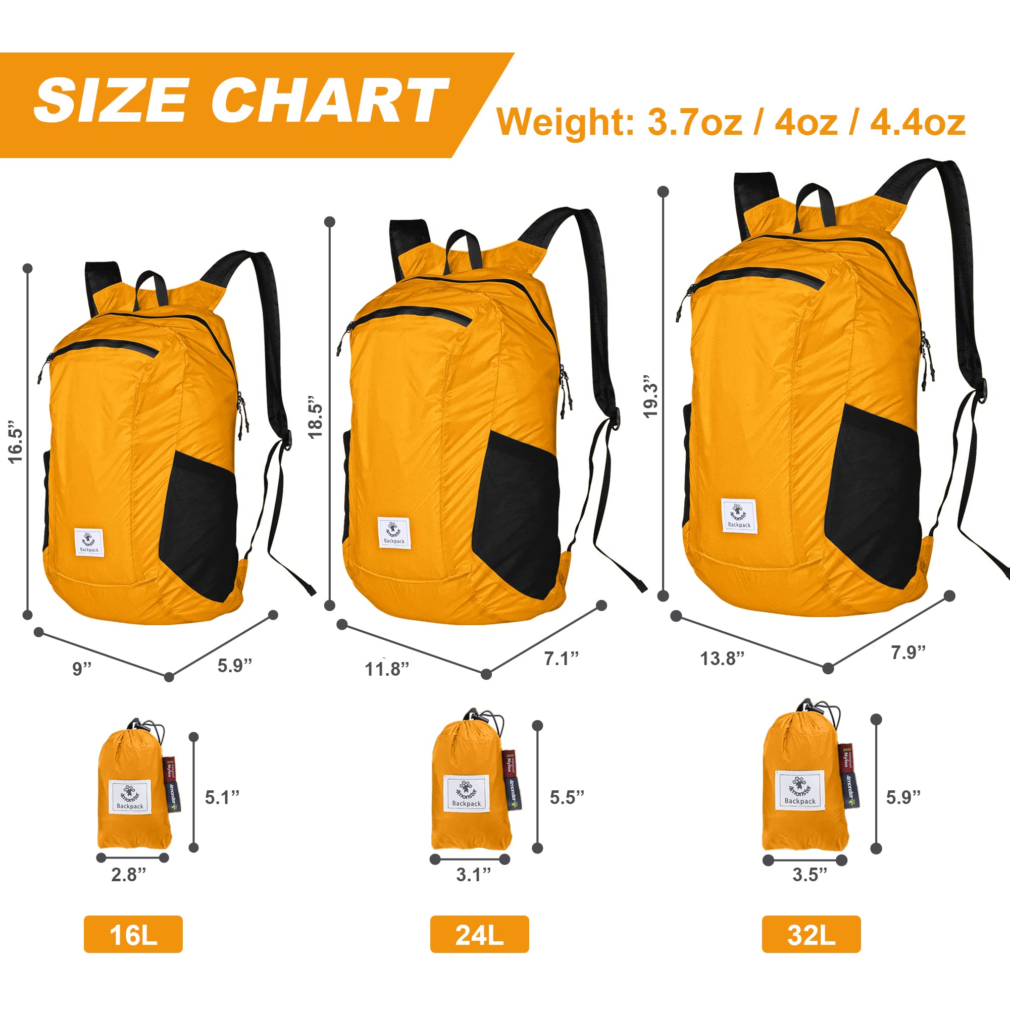 4Monster Hiking Daypack,Water Resistant Lightweight Packable Backpack for Travel Camping Outdoor (A-orange, 24L)