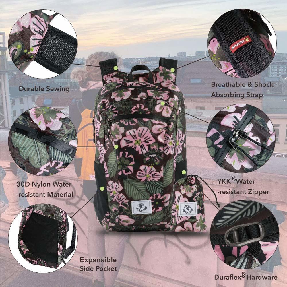 4Monster Hiking Daypack,Water Resistant Lightweight Packable Backpack for Travel Camping Outdoor (Flower Pink, 24L)