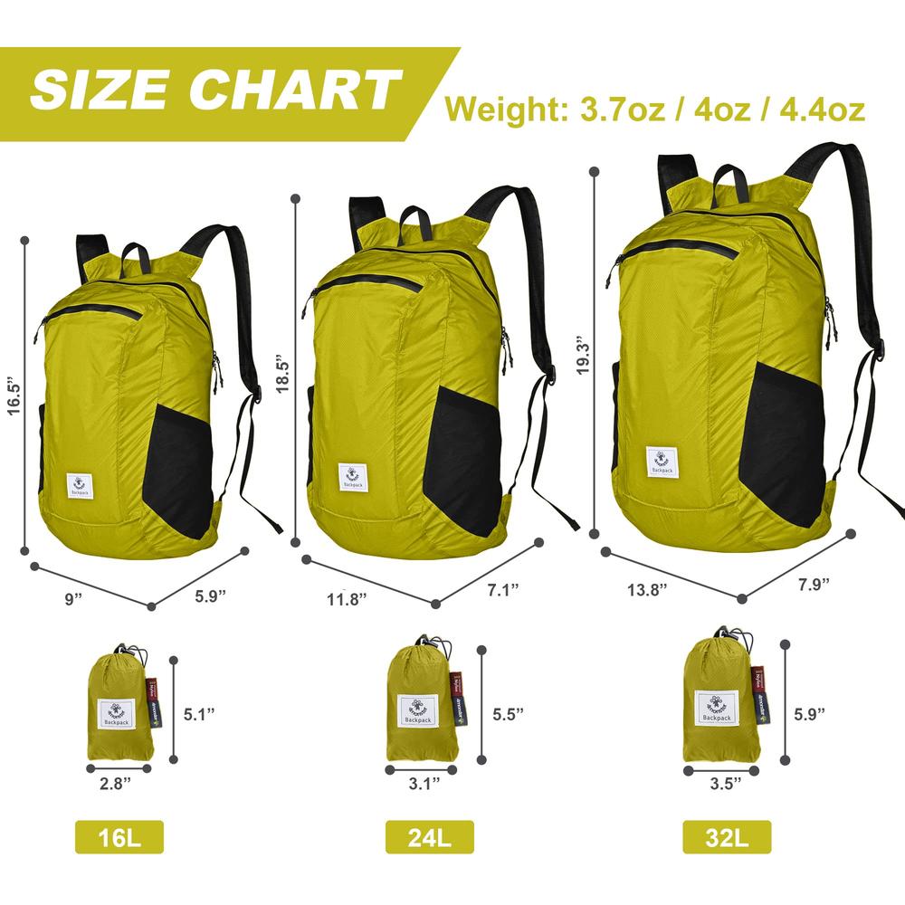 4Monster Hiking Daypack,Water Resistant Lightweight Packable Backpack for Travel Camping Outdoor (Yellow green, 16L)