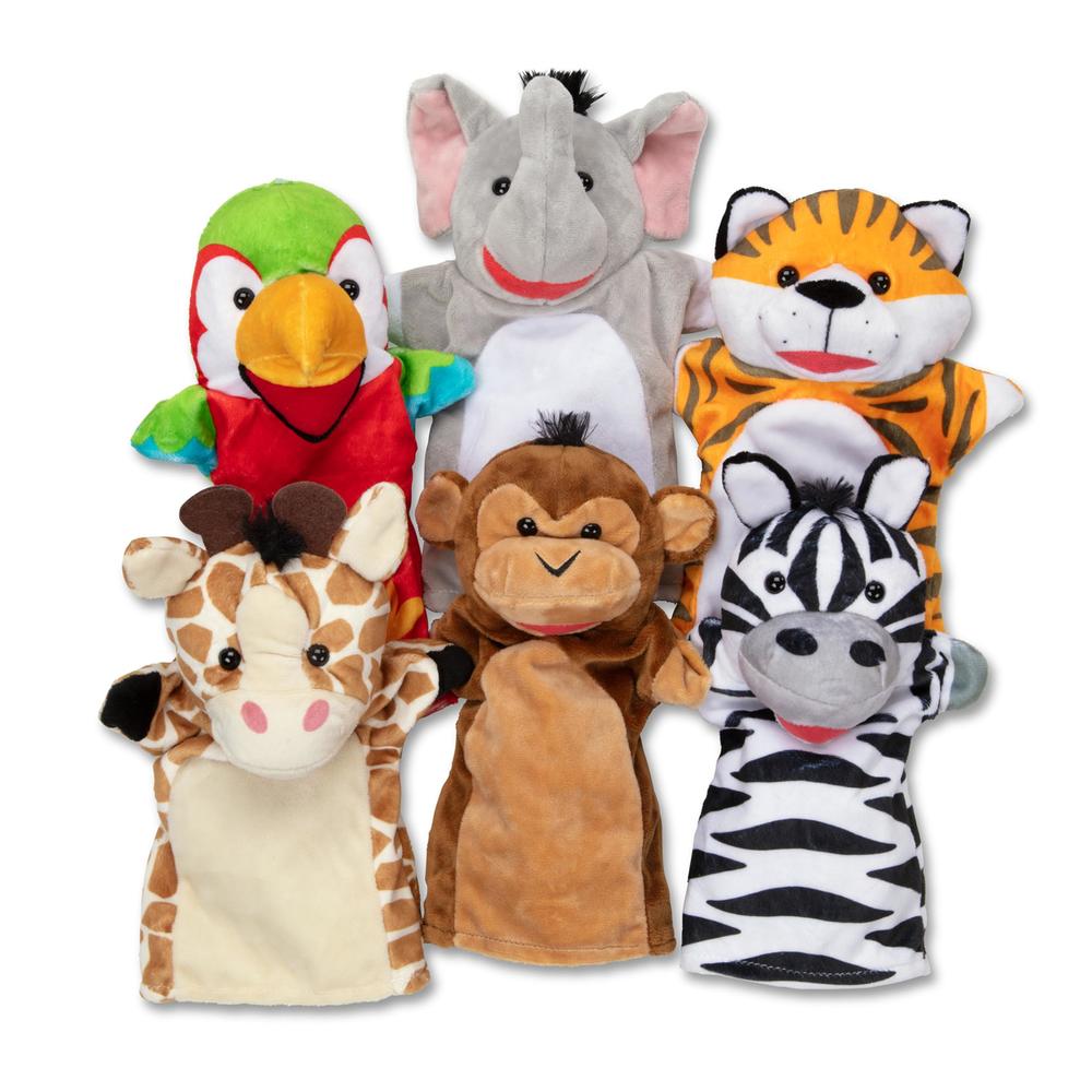Melissa & Doug Safari Buddies Hand Puppets, Set of 6 (Elephant, Tiger, Parrot, Giraffe, Monkey, Zebra) - Soft, Plush Animal Hand