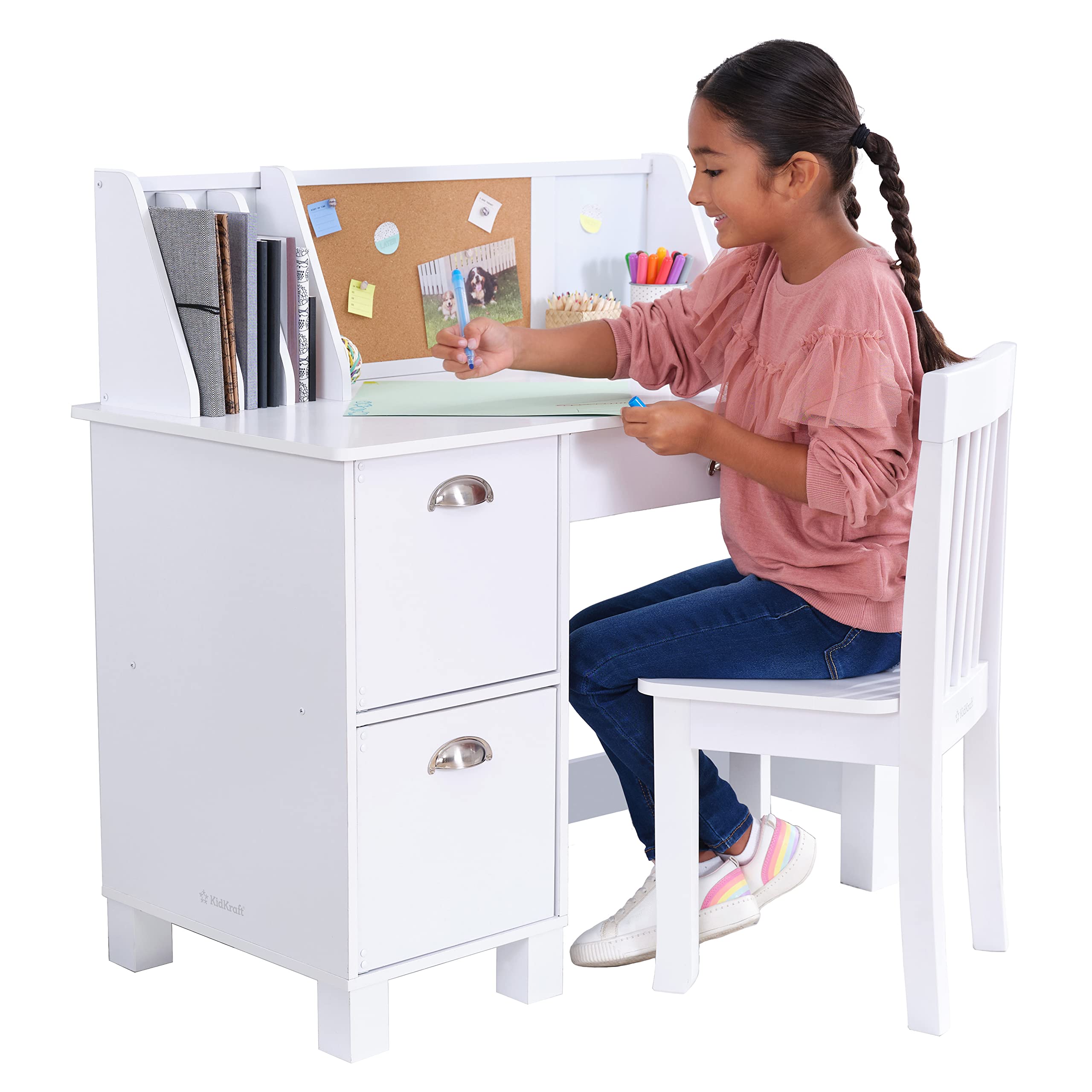 KidKraft Wooden Study Desk for Children with Chair, Bulletin Board and Cabinets, White