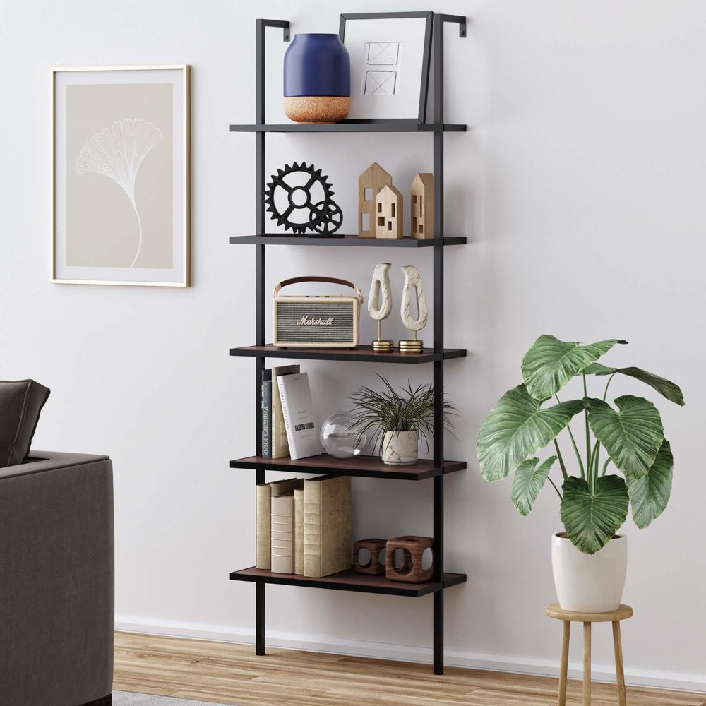 Nathan James Theo 5-Shelf Wood Modern Bookcase, Open Wall Mount Ladder Bookshelf with Industrial Metal Frame, Brown Walnut/Black