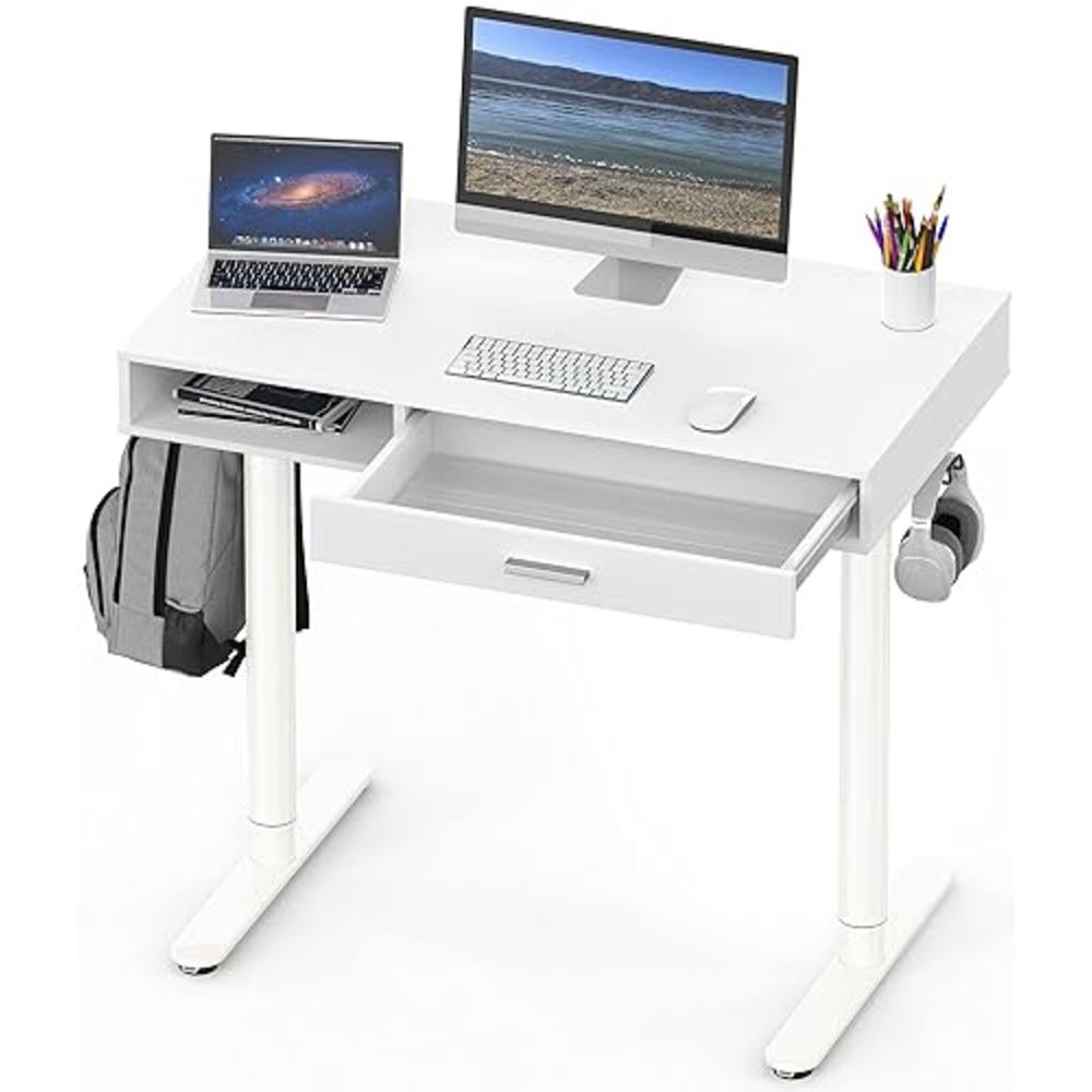 SHW Claire 40-Inch Height Adjustable Electric Standing Desk with Drawer, White