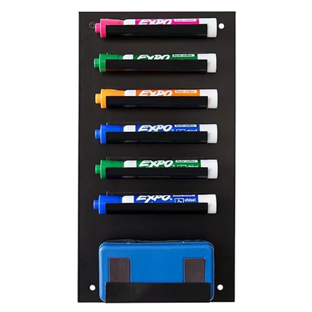 MyGift MyGit Wall Mounted Black Metal Dry Erase Marker Holder, Whiteboard Accessories Rack with 7 Slots for Markers and Eraser, Set of 