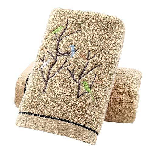 Pidada Hand Towels Set of 2 Embroidered Bird Tree Pattern 100% Cotton Absorbent Soft Decorative Towel for Bathroom 13.8 x 29.5 I