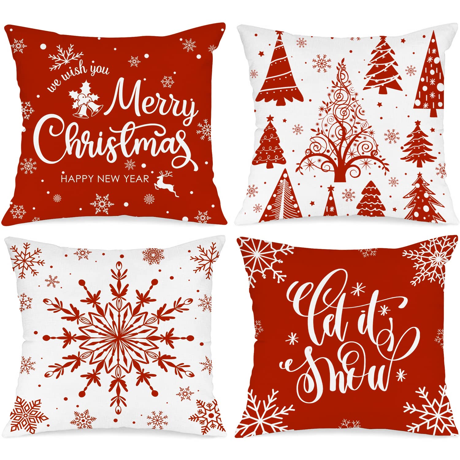 Lanpn Christmas Throw Pillow Covers 18x18 Set of 4, Merry Christmas Winter Xmas Snowflake Decorative Holiday Cushion Pillow Case