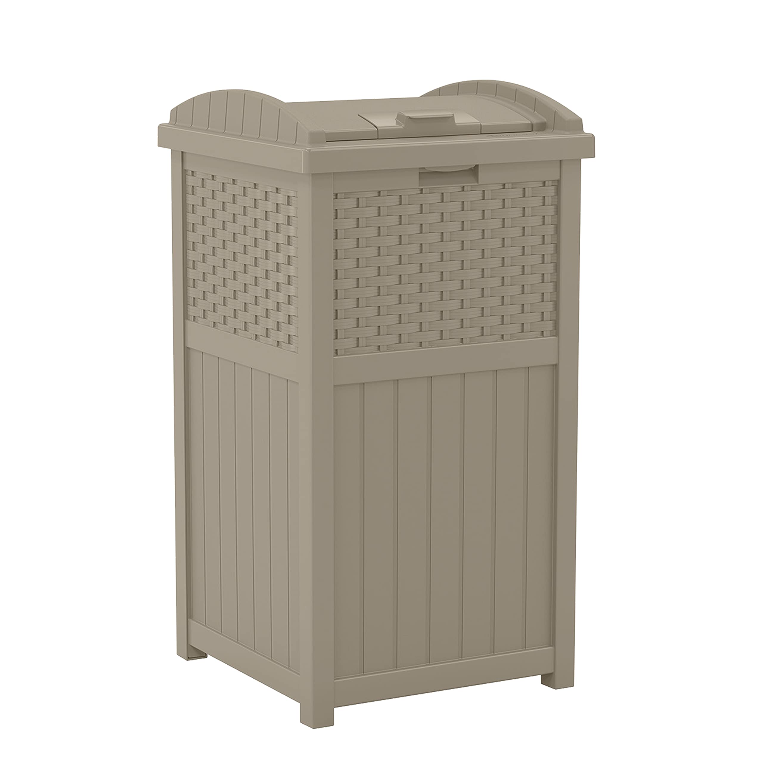 Suncast Corporation Suncast 33 Gallon Hideaway Trash Can for Patio - Resin Outdoor Trash with Lid - Use in Backyard, Deck, or Patio - Dark Taupe