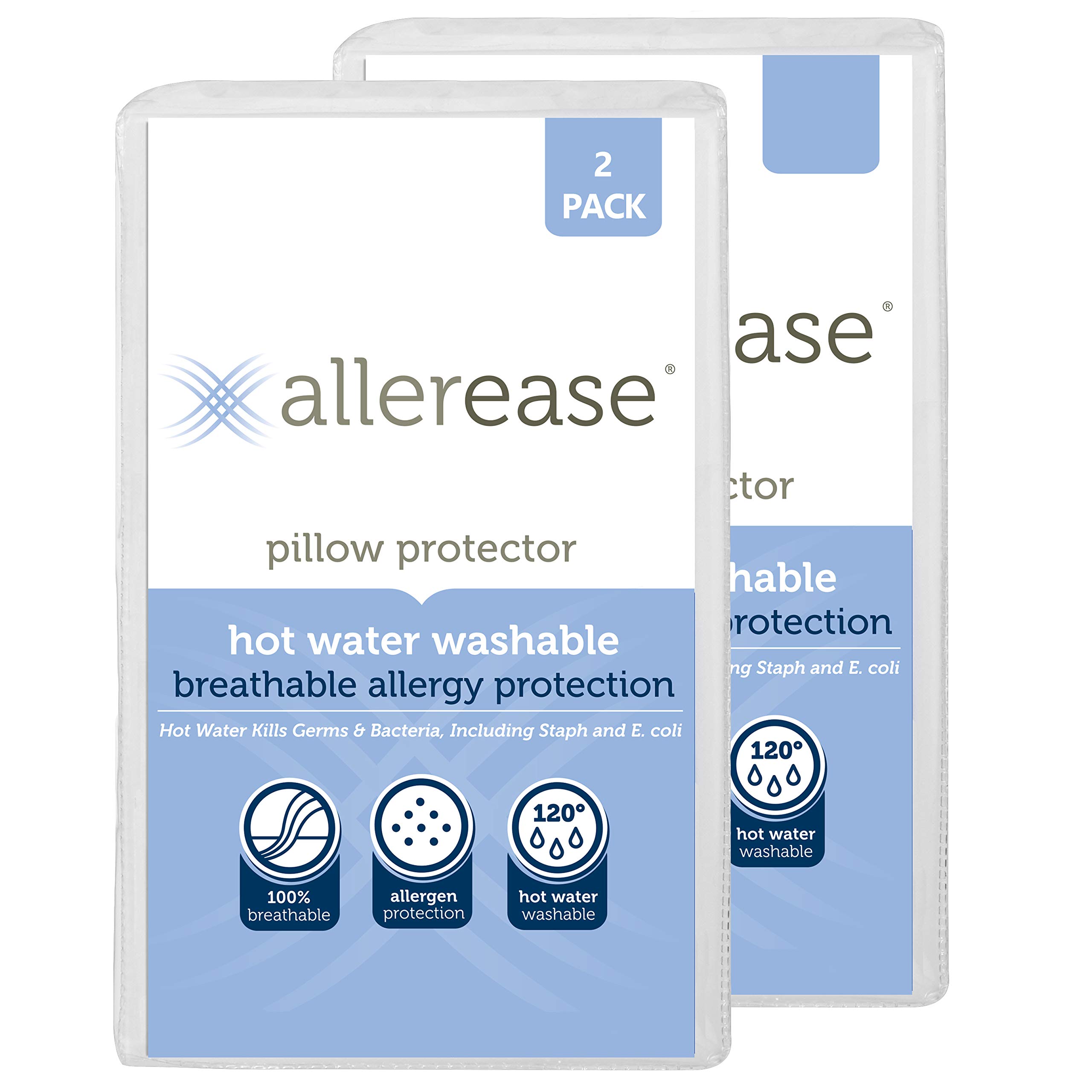 Aller-Ease Washable Hot Water Wash Pillow Protector, 2 Pack, White 2 Count