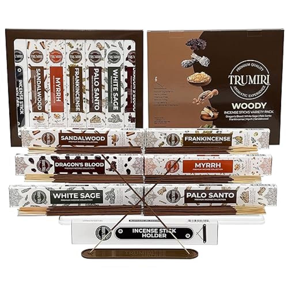 Trumiri Woody Incense Sticks Variety Pack - 120 Insence-Sticks (6 Incents x 20 Insenses) - White Sage, Palo Santo, Dragons Blood, Sandal