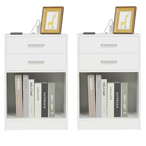 ADORNEVE Nightstands Set of 2,White Night Stand with Charging Station & Drawers,Night Stands for Bedrooms 2