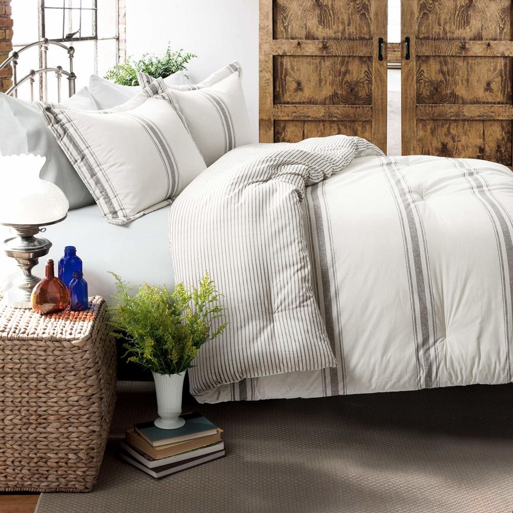 Lush Decor Farmhouse Stripe 3 Piece Reversible Comforter Bedding Set, King, Gray