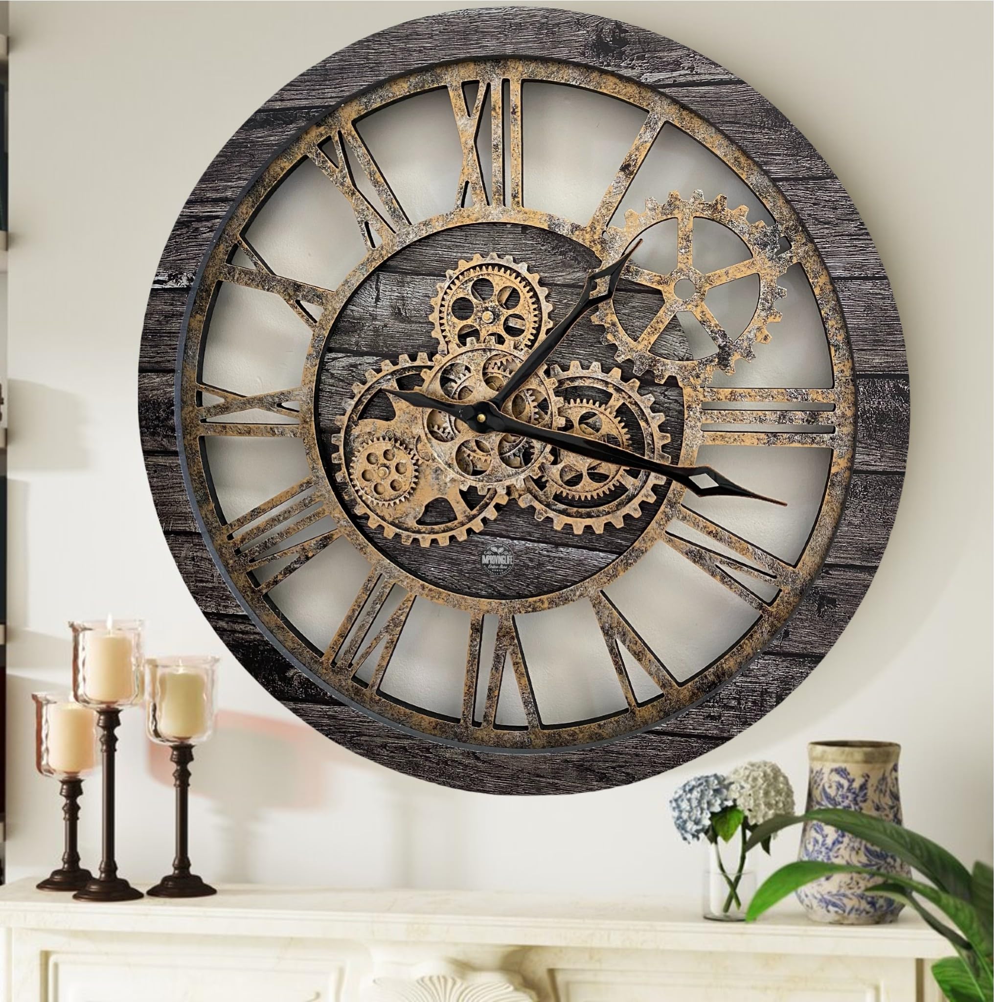 improvinglife The Gears Clock The Original Real Moving Gear Wall Clock Vintage Industrial Oversized Rustic Farmhouse (24 inch (60cm), Vintage 
