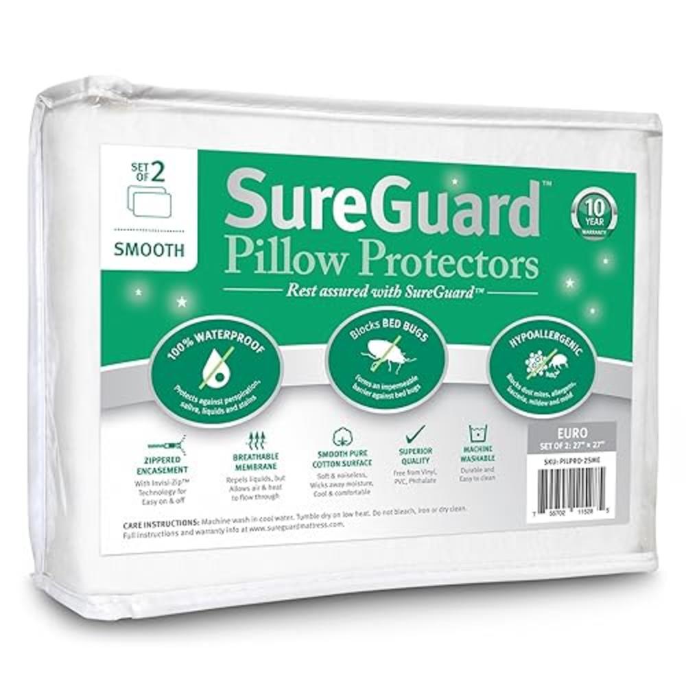 SureGuard Mattress Protectors Set of 2 Euro Size SureGuard Pillow Protectors - 100% Waterproof, Bed Bug Proof, Hypoallergenic - Premium Zippered Cotton Covers
