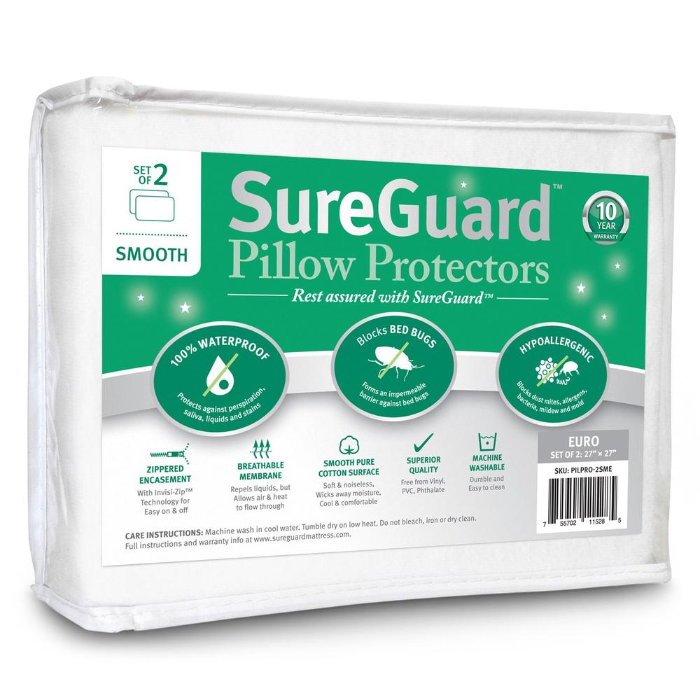 SureGuard Mattress Protectors Set of 2 Euro Size SureGuard Pillow Protectors - 100% Waterproof, Bed Bug Proof, Hypoallergenic - Premium Zippered Cotton Covers
