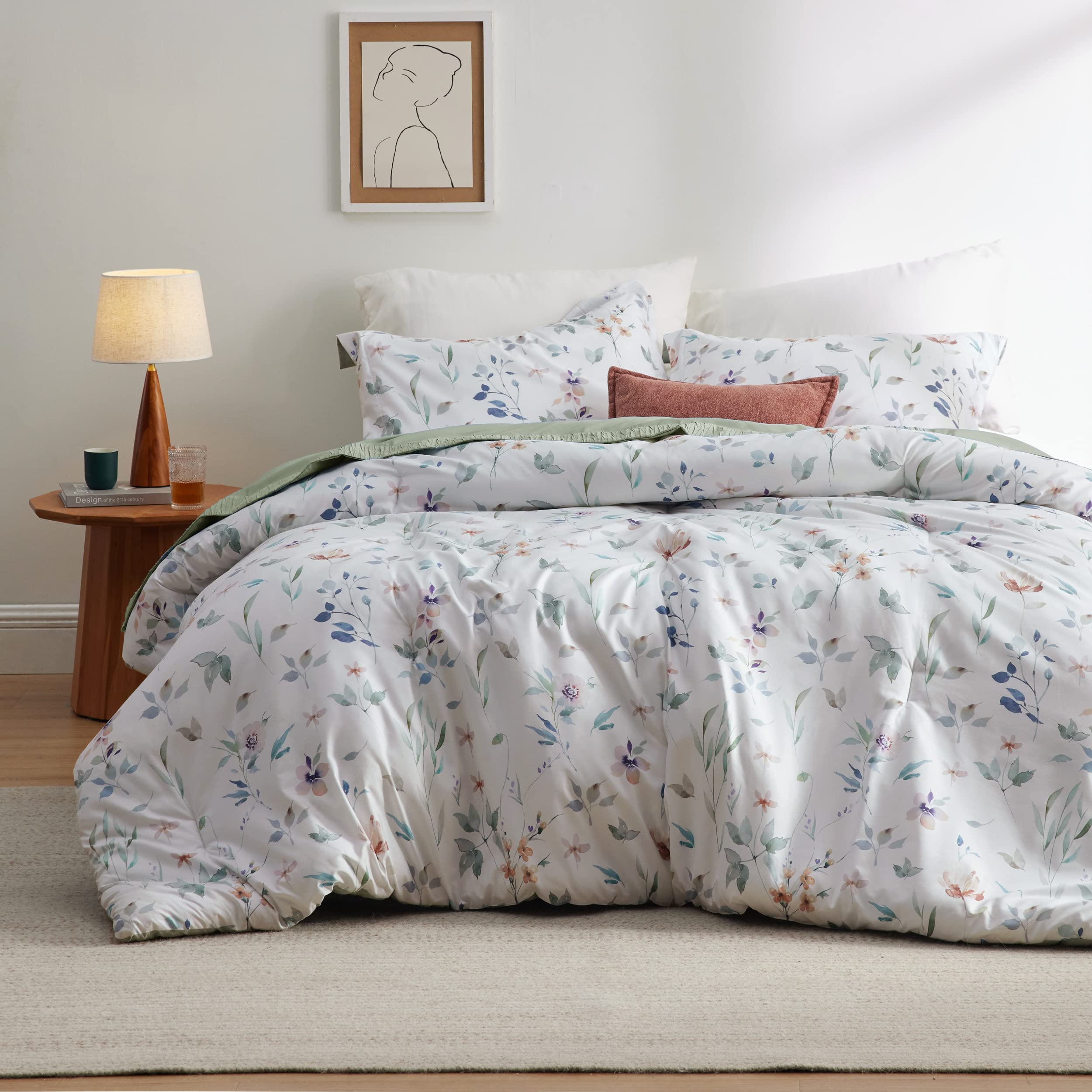 Bedsure Floral Comforter Set - Queen Bedding Botanical Bed Comforter Queen Set, 3 Pieces Lightweight Fluffy Bedding Set, Include