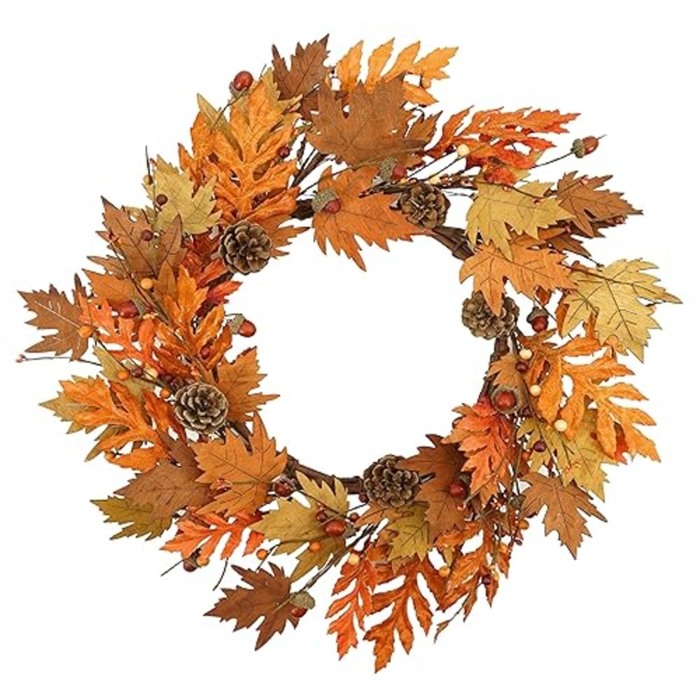 AMF0RESJ Artificial Fall Wreath Autumn Wreath Thanksgiving Wreath with Wooden Maple Leaves,Bright Oak Leaves,Acorn,Big Pine Cones,Big Ber