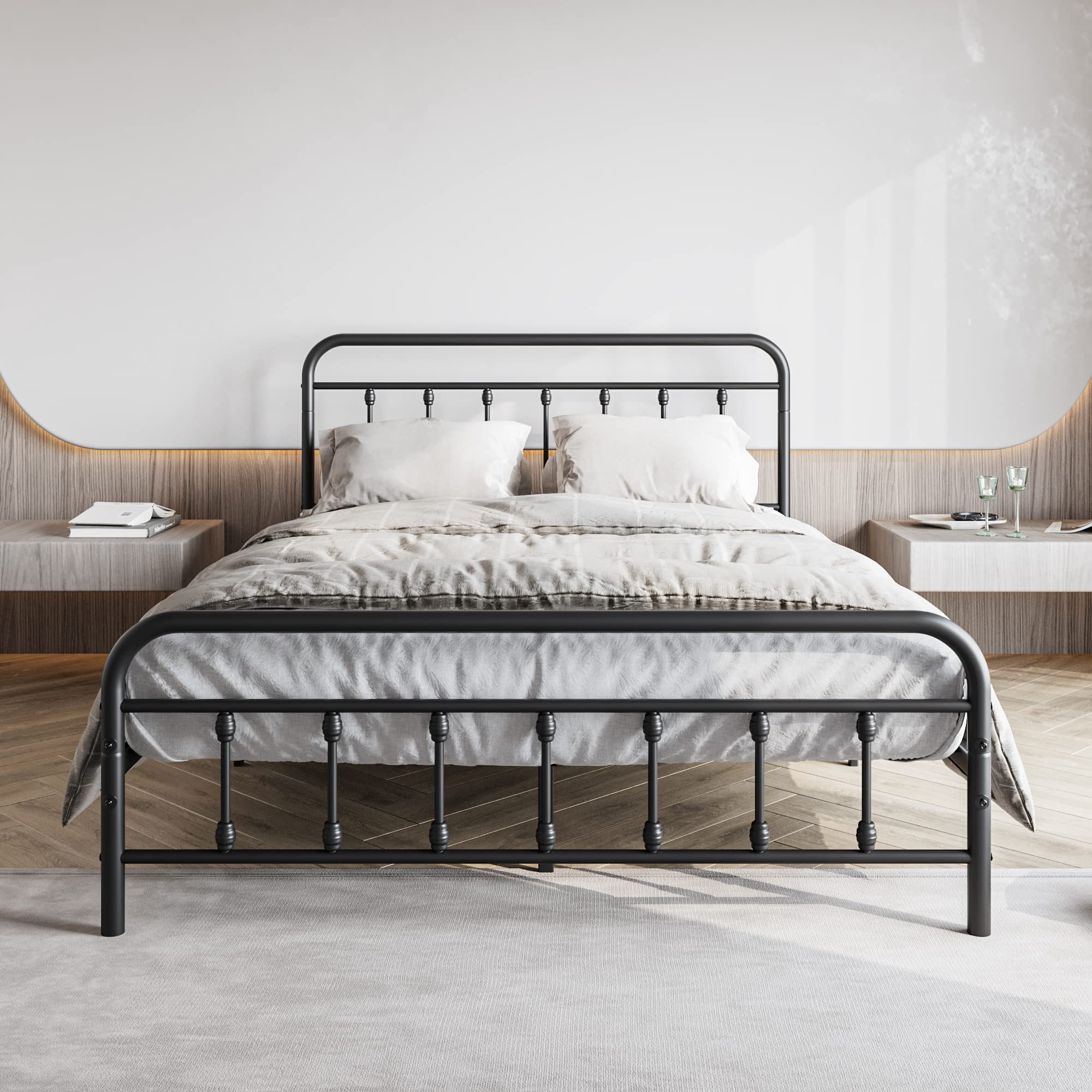 Elegant Home Products Vintage Queen Size Bed Frame with Headboard and  Footboard Mattress Heavy Duty Metal Platform, Steel Slat S, image size:2000x2000