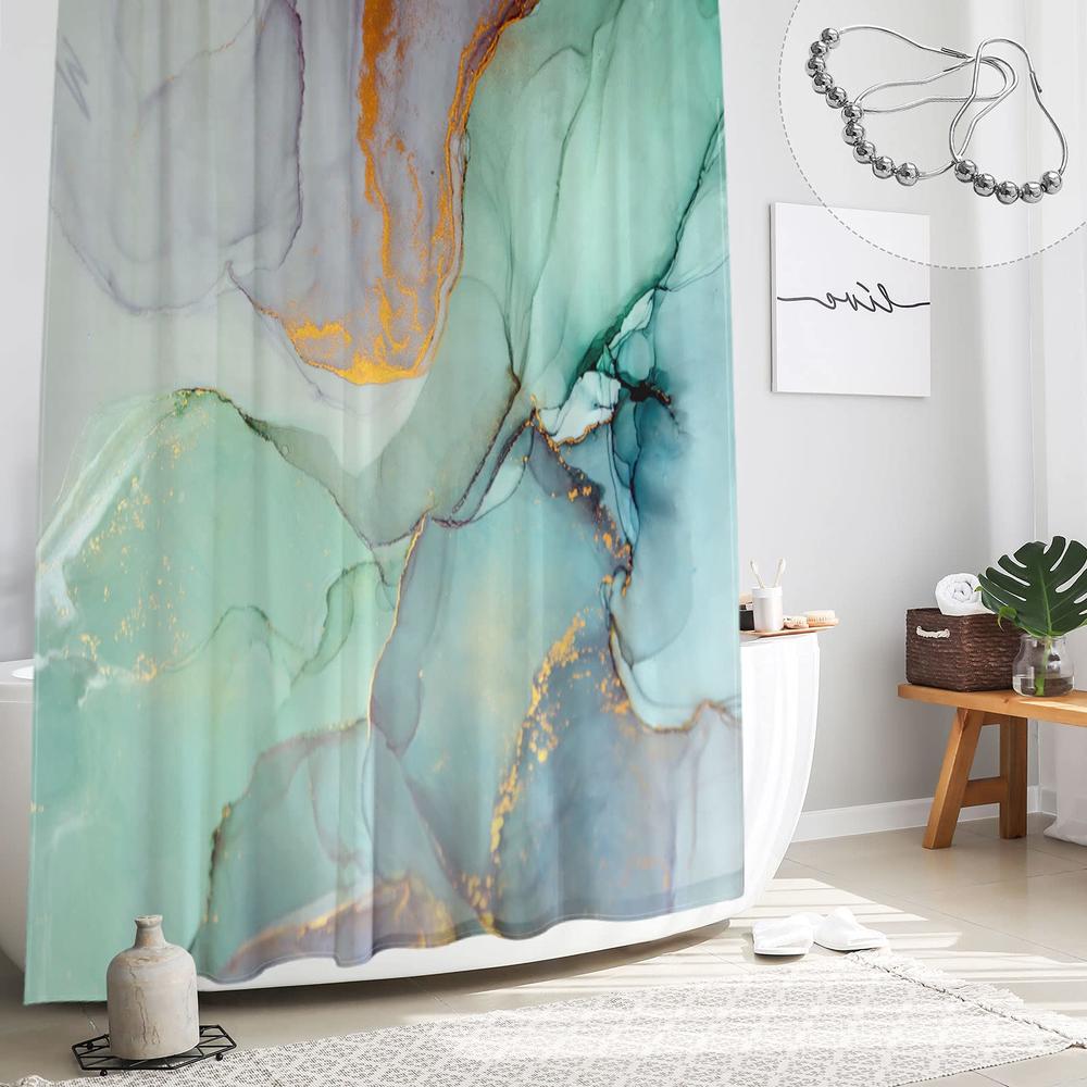 Gibelle Abstract Marble Shower Curtain, Blue Green Purple Jade Texture Gold Stripes Ombre Watercolor Paint, Modern Ink Art Decor