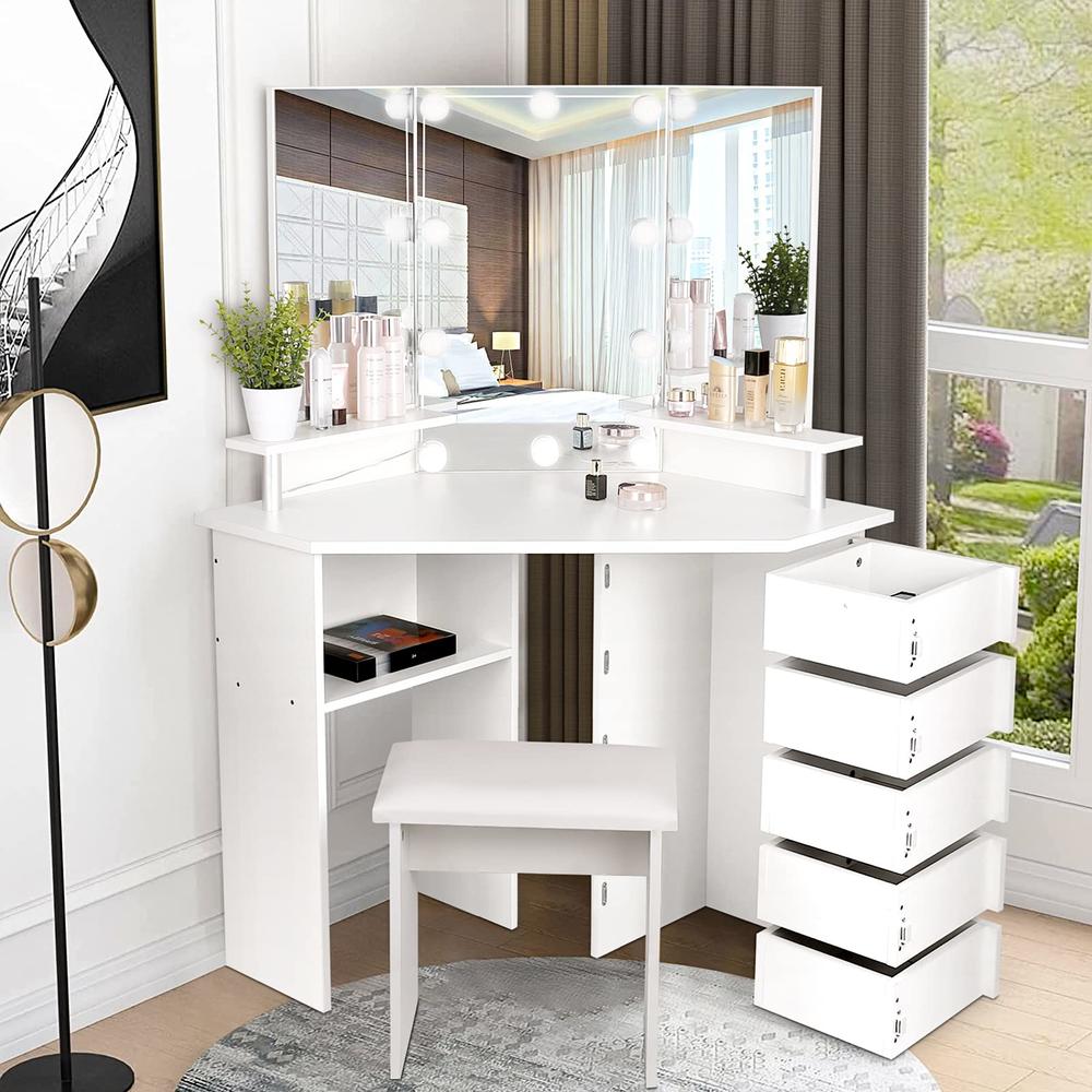 VOWNER Vanity with Lights - Vanity Desk with 3 Color Lighting Options, Brightness Adjustable, Vanity Table with 5 Rotating Drawe