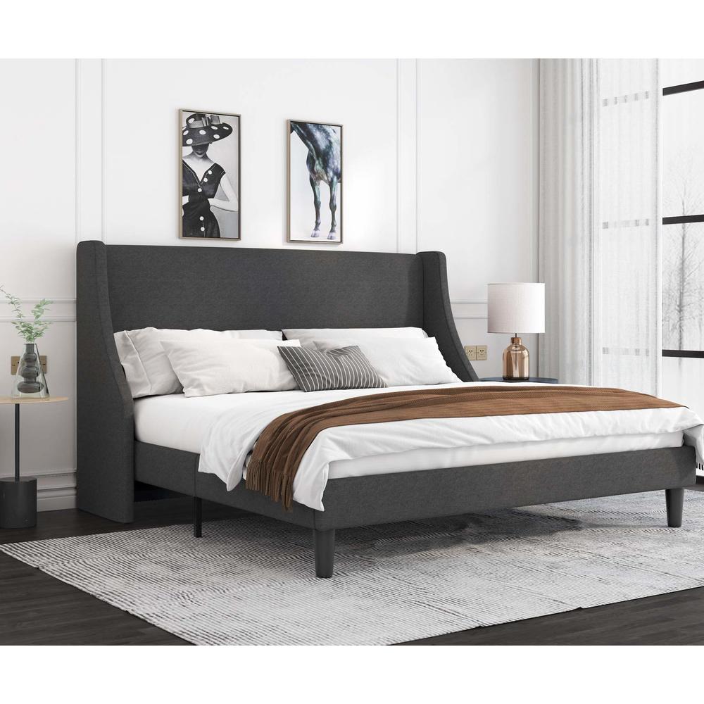 Allewie King Size Bed Frame, Platform Bed Frame with Upholstered Headboard, Modern Deluxe Wingback, Wood Slat Support, Mattress 
