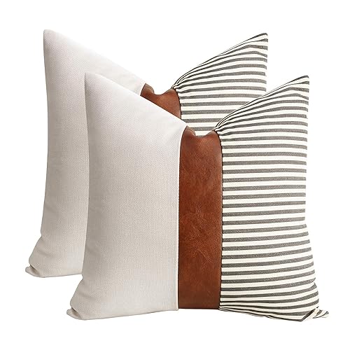 cygnus Set of 2 Farmhouse Decor Stripe Patchwork Linen Throw Pillow Covers,Modern Tan Faux Leather Accent Pillow Covers 18x18 in