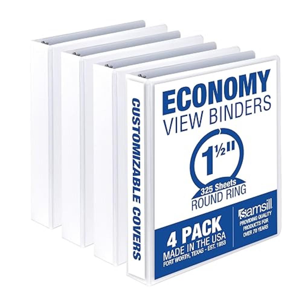 Samsill Economy 1.5 Inch 3 Ring Binder, Made in the USA, Round Ring Binder, Customizable Clear View Cover, White, 4 Pack (MP4855