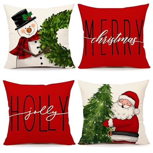 4TH Emotion Red Christmas Pillow Covers 18x18 Set of 4 Farmhouse Christmas Decorations Snowman Wreath Santa Claus Tree Merry Christmas Holly