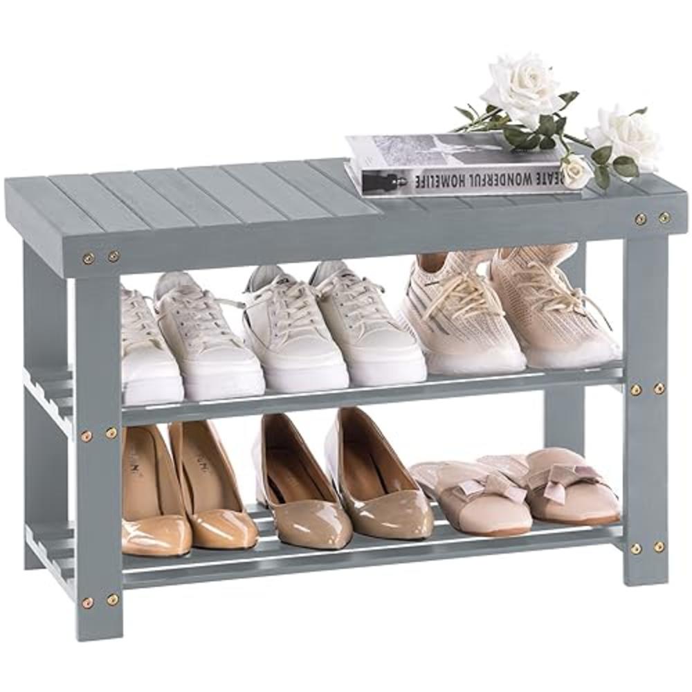 Apicizon 3-Tier Shoe Rack for Entryway, Bamboo Shoe Bench with Cushion Padded Seat, Small Shoe Organizer with Storage for Indoor