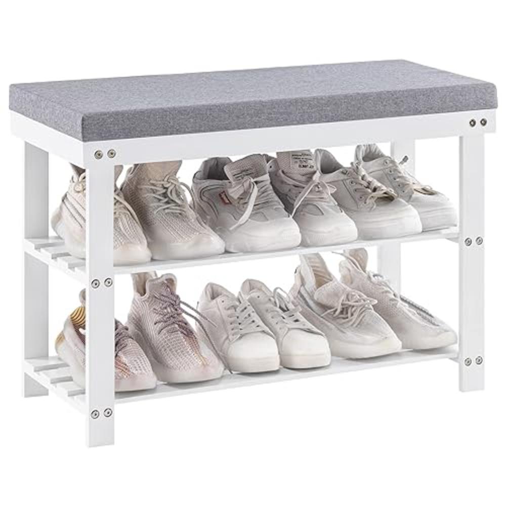 Apicizon 3-Tier Shoe Rack for Entryway, Bamboo Shoe Bench with Cushion Padded Seat, Small Shoe Organizer with Storage for Indoor